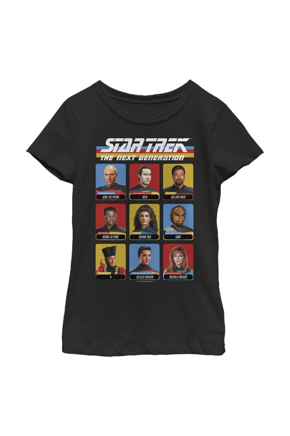 Girl's Star Trek: The Next Generation Starfleet Crew Portraits Playing Cards Frame Graphic Tee Black Small