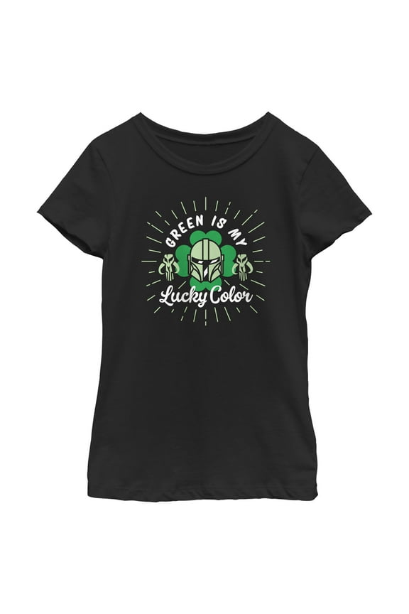 Girl's Star Wars: The Mandalorian St. Patrick's Day Din Djarin Green is my Lucky Color Graphic Tee Black Medium