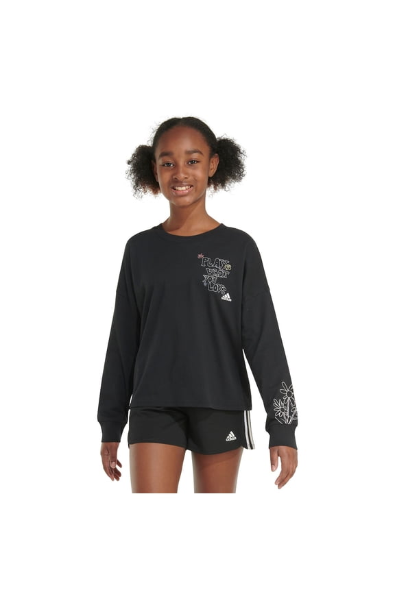 Girls 7-16 adidas Crewneck Long Sleeve T-Shirt in Regular & Plus Size Color: Black Size: SMALL