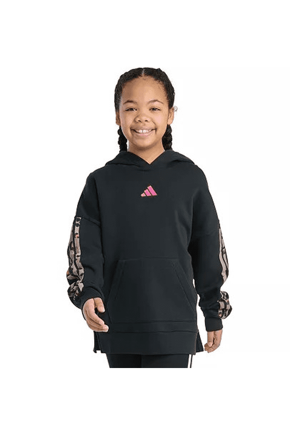 Big Girls Long-Sleeve 3-Stripes Slit Fleece Pullover Hoodie, Medium, (10/12)