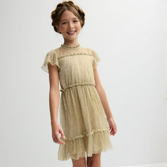 Girls 7-20 Speechless Glitter Tiered Flutter Sleeve Dress in Regular and Plus Size Color: Gold Size: 16 PLUS