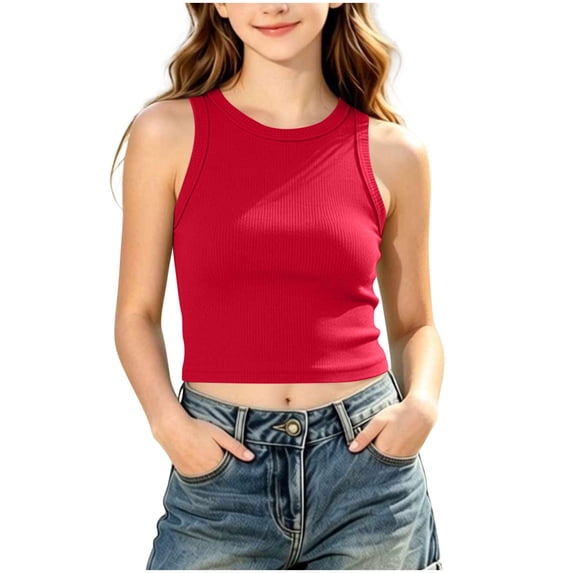 Girls 9-14 Years Ribbed Knit Tank Top Crew Neck Sleeveless Solid Color Casual Everyday Spring Summer Top Red 11 Years