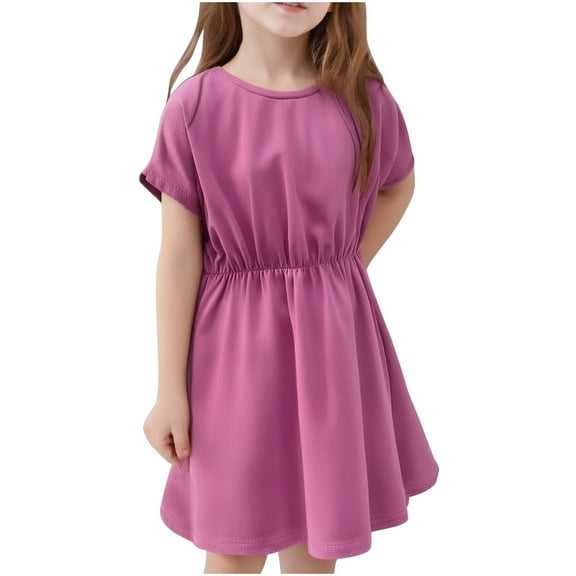Girls A-Line Dresses 6M-5Y Toddlers Kids Short Batwing-Sleeve Round Neck Casual Solid Color Elastic High Waisted Mini Dress