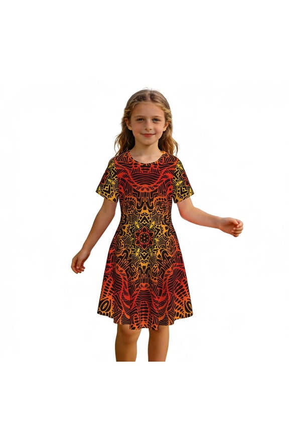 Girls A Line Dresses Kids Teens Casual Crew Neck Dress Short Sleeve Sundress, Kaleidoscope Vintage Psychedelic Trippy