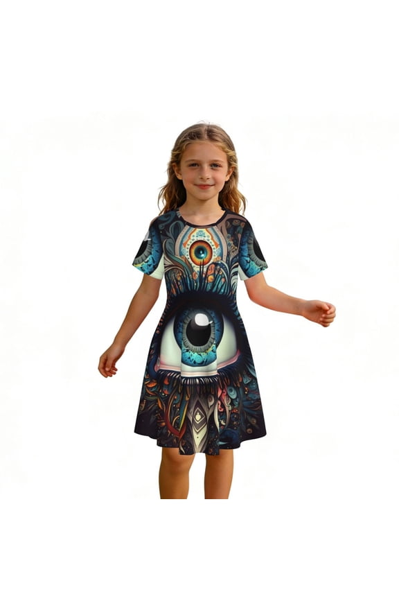 Girls A Line Dresses Kids Teens Casual Crew Neck Dress Short Sleeve Sundress, Magic Evil Eyes Psychedelic