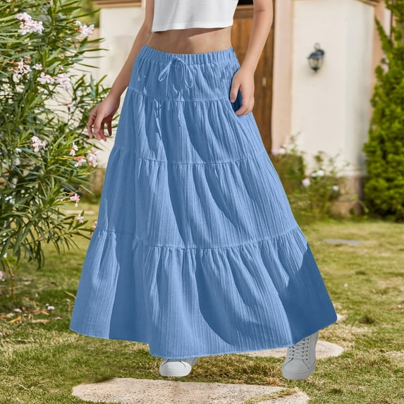 Girls A-Line Long Skirt Maxi Skirts for Girls Solid Color Flowy Boho Skirts for Summer High Waist Tiered a Line Skirts Blue 12-13Y