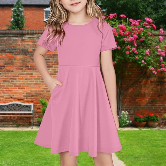 Girls A-Line Midi Dress Solid Color Loose Crew Neck Short Sleeve Casual Swing Dress with Pockets
