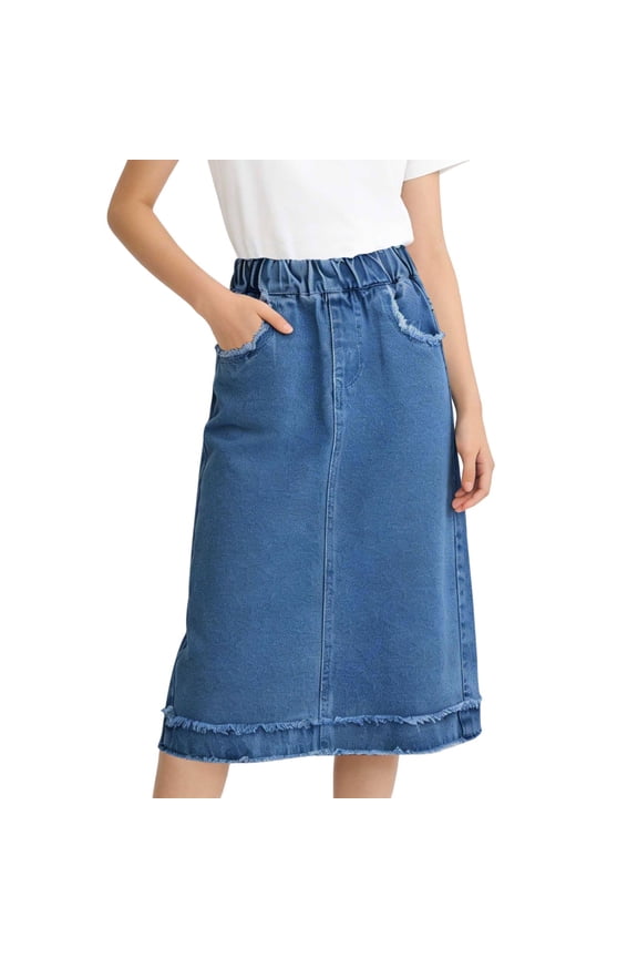 Girls A-Line Summer Denim Maxi Skirts, Casual Elastic High Waisted Cute Ripped Skirts for 4-15 Years