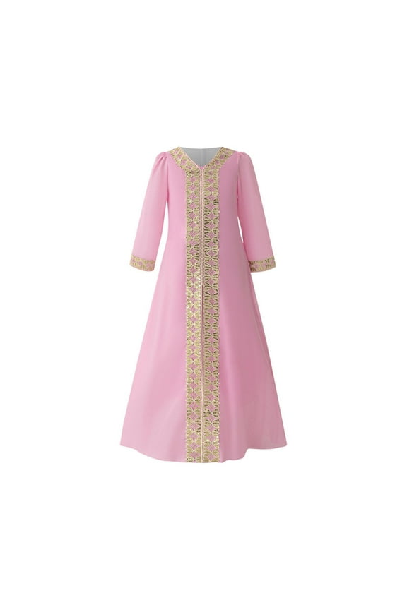 Girls Abaya Muslim Prayer Dresses Plain Baby Girls Abaya Dress Eid Maxi Dresses Kids Crewneck Long Sleeve Ramadan Prayer Abaya for Kids Muslim Girls Dress Pink 4-5 Years