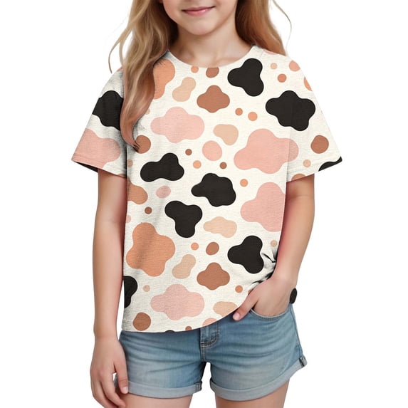 Girls Abstract Animal Print T-Shirts Short Sleeve Crewneck Graphic Tees Casual Summer Tops Cute Spotted Pattern Shirts Lightweight Playwear Blouses for Kids