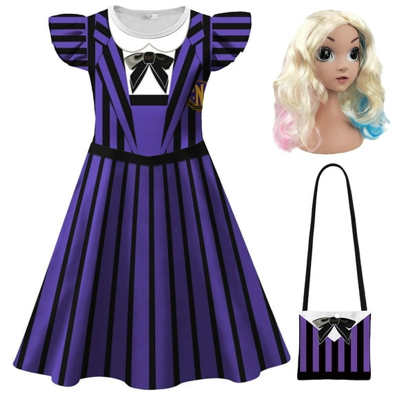Girls Academy Uniform Cartoon Costume Halloween Purple Short Sleeves Outfits w/Bag & Socks, 4-5Y