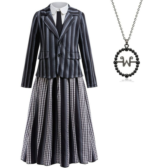 Girls Academy Uniform Costume w/Necklace Pleated Skirt Stripes Suits Halloween Party Outfits for 7-8Y