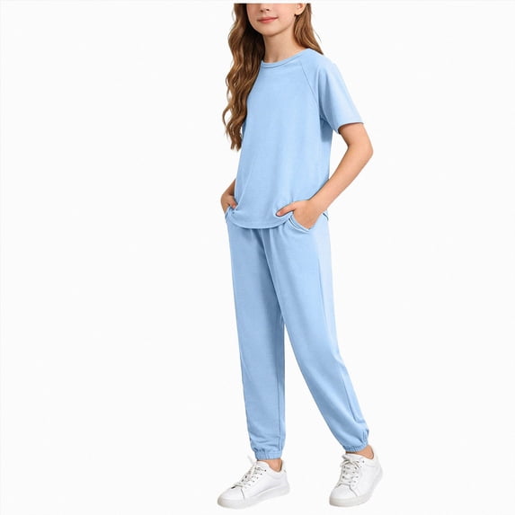 Girls Active Outfit Set Toddler Girl Comfy Loungewear Solid Short Sleeve Top & Jogger Pants Soft Casual Outfit Set