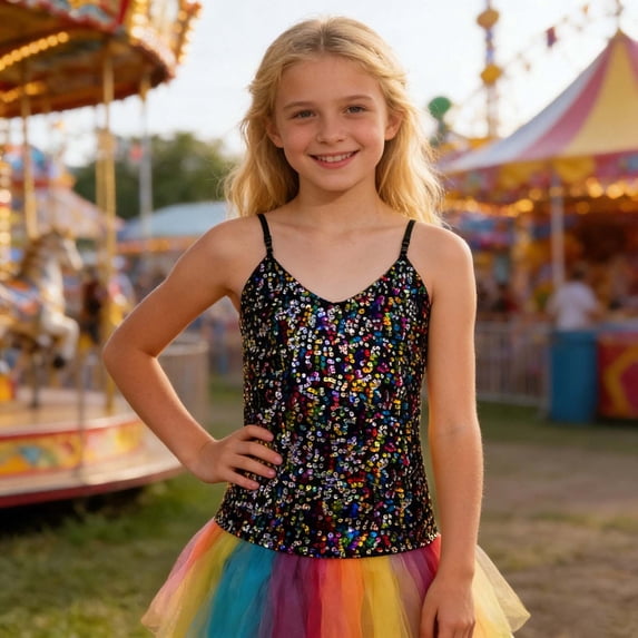 Girls Adjustable Elastic Band Sequin Crop Top for Children and Carnival Party Wear T-Shirts Kids Short Sleeve Crewneck Solid Basic Tees Casual Tops