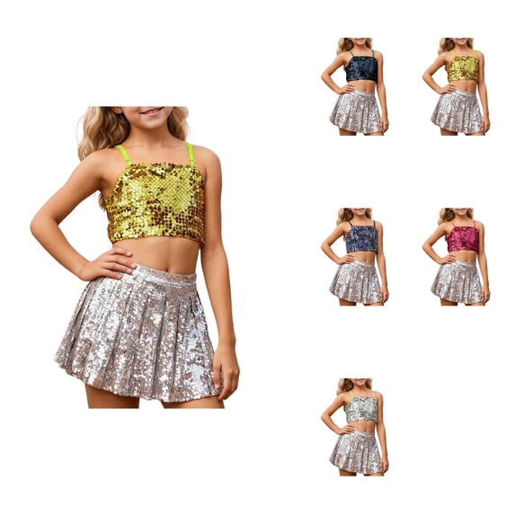 Girls' Adjustable Elastic Band Sequined Crop Top with Navel for Ages 5+, Paired with Sparkly High-Waisted A-Line Flowy Mini Skirt for Party & Night Out
