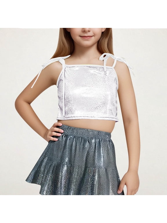 Girls Adjustable Strap Sequins Cami Vest Metallic Sparkle Crop Tank Tops Kids Performance Dance Oufits for 4-14 Years