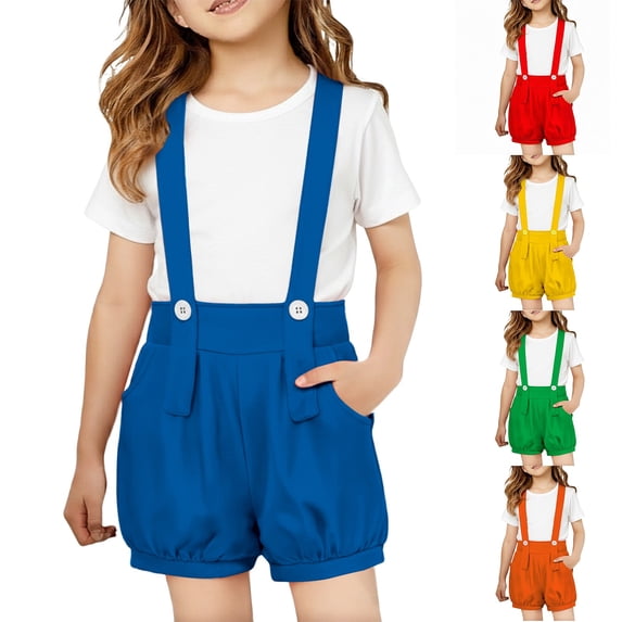 Girls Adjustable Strap Shorts Overalls Kids Summer Casual with Pockets