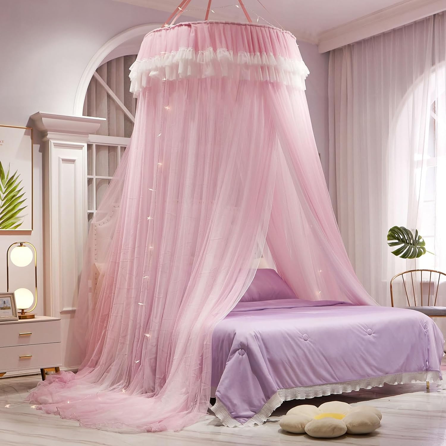 Girls and Adults Canopy Bed, Elegant Double-Layer Bed Curtain, Children's Dream Round Lace Mosquito Net, Princess Canopy Net - Fits Twin, Full, Queen, and King Beds (White/Pink)