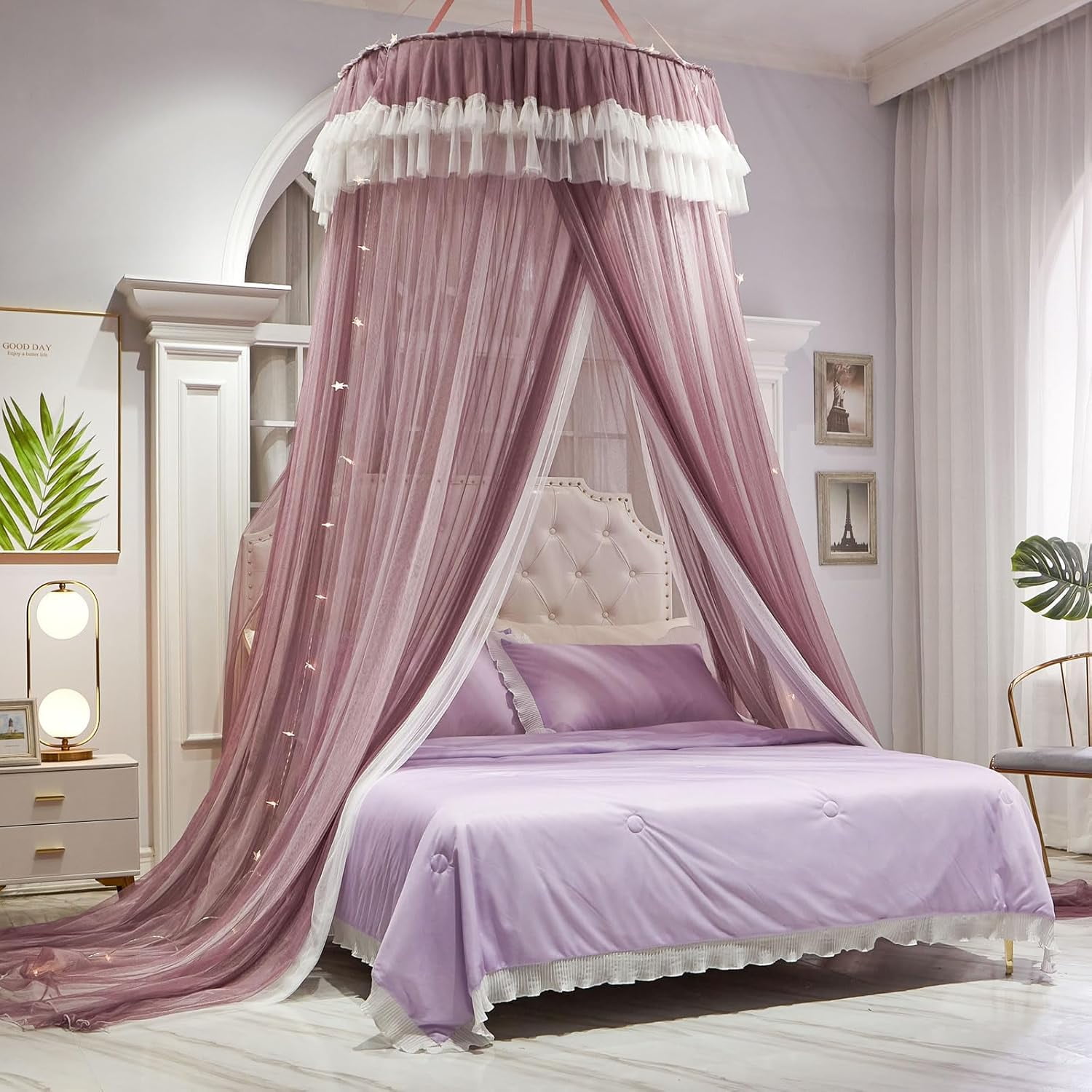 Girls and Adults Canopy Bed, Elegant Double-Layer Bed Curtain, Children's Dream Round Lace Mosquito Net, Princess Canopy Net - Fits Twin, Full, Queen, and King Beds (White/Red Bean)