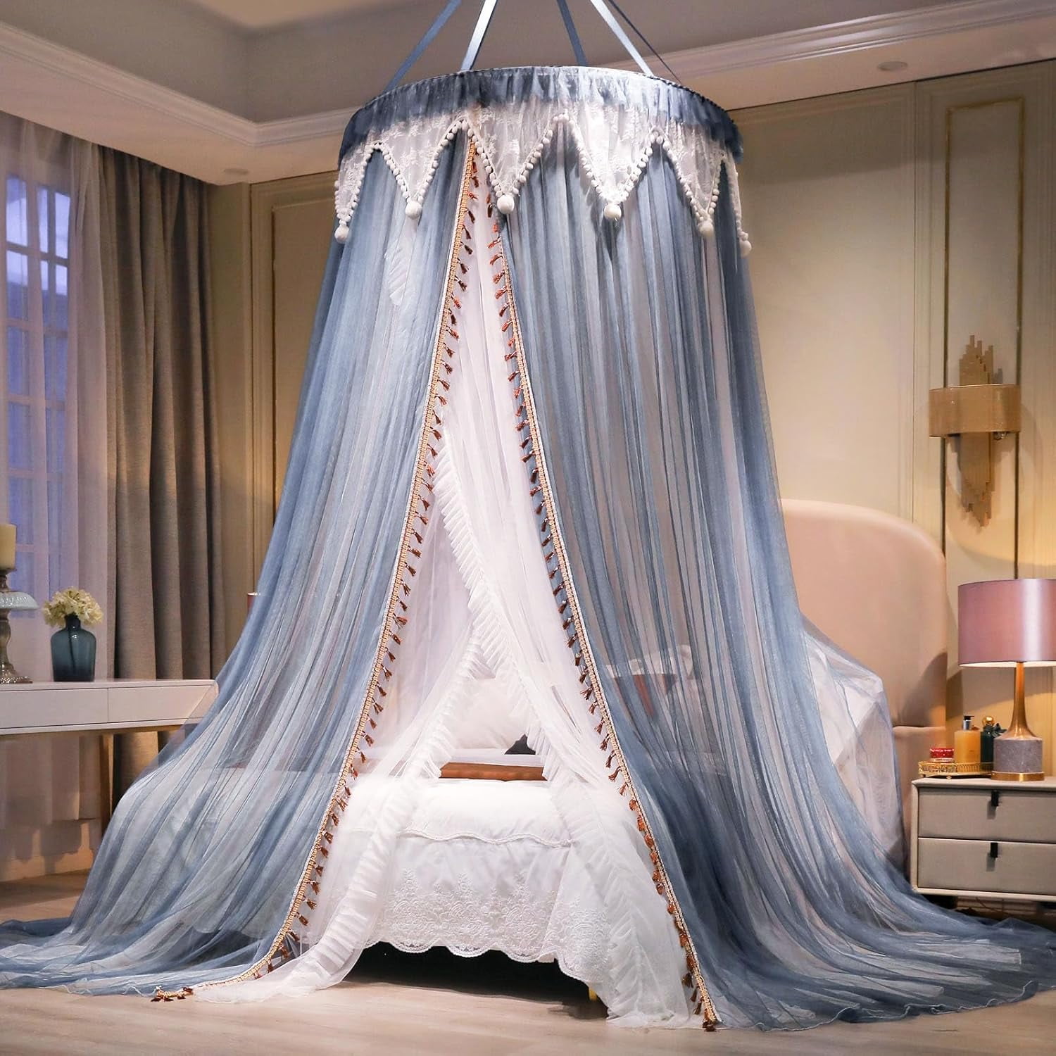 Girls and Adults Canopy Bed, Elegant Double-Layer Bed Curtain, Children's Dream Round Lace Mosquito Net, Princess Canopy Net - Fits Twin, Full, Queen, and King Beds (White/Blue)