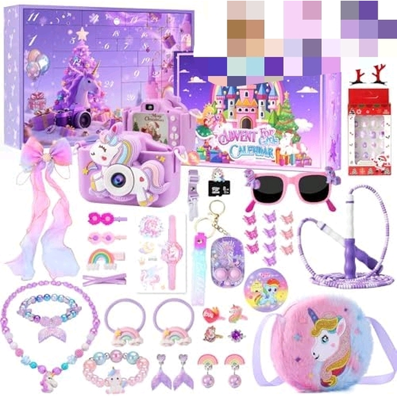 Girls Advent Calendar, 24 Days Birthday Advent Calendars-Unicorn Birthday Gifts for Girls Kids Daughter-Unique Holiday Countdown with Kids Camera Necklace Bracelet Jump Rope Hair Clips Earrings