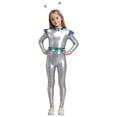 thumbnail image 1 of Girls Alien Robot Catsuit, Shiny Metallic Long-Sleeve Jumpsuit with Antenna Headband, Halloween, 1 of 5