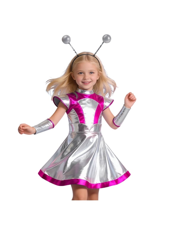 Girls Alien Robot Dress, Shiny Metallic Skater Dress with Antenna Headband, Halloween