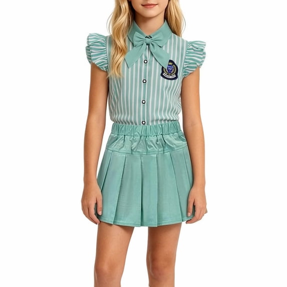 Girls All-In-One 5-Piece School Set, Striped Ruffle Top & Pleated Skirt with Bow, Badge & Socks for 2-15 Years Old, Ready-to-Wear Outfit Green 12 Years