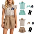 thumbnail image 1 of Girls All-In-One 5-Piece School Set, Striped Ruffle Top & Pleated Skirt with Bow, Badge & Socks for 2-15 Years Old, Ready-to-Wear Outfit Khaki 14 Years, 1 of 9