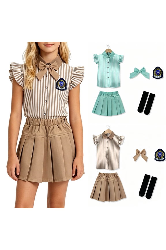 Girls All-In-One 5-Piece School Set, Striped Ruffle Top & Pleated Skirt with Bow, Badge & Socks for 2-15 Years Old, Ready-to-Wear Outfit Khaki 14 Years