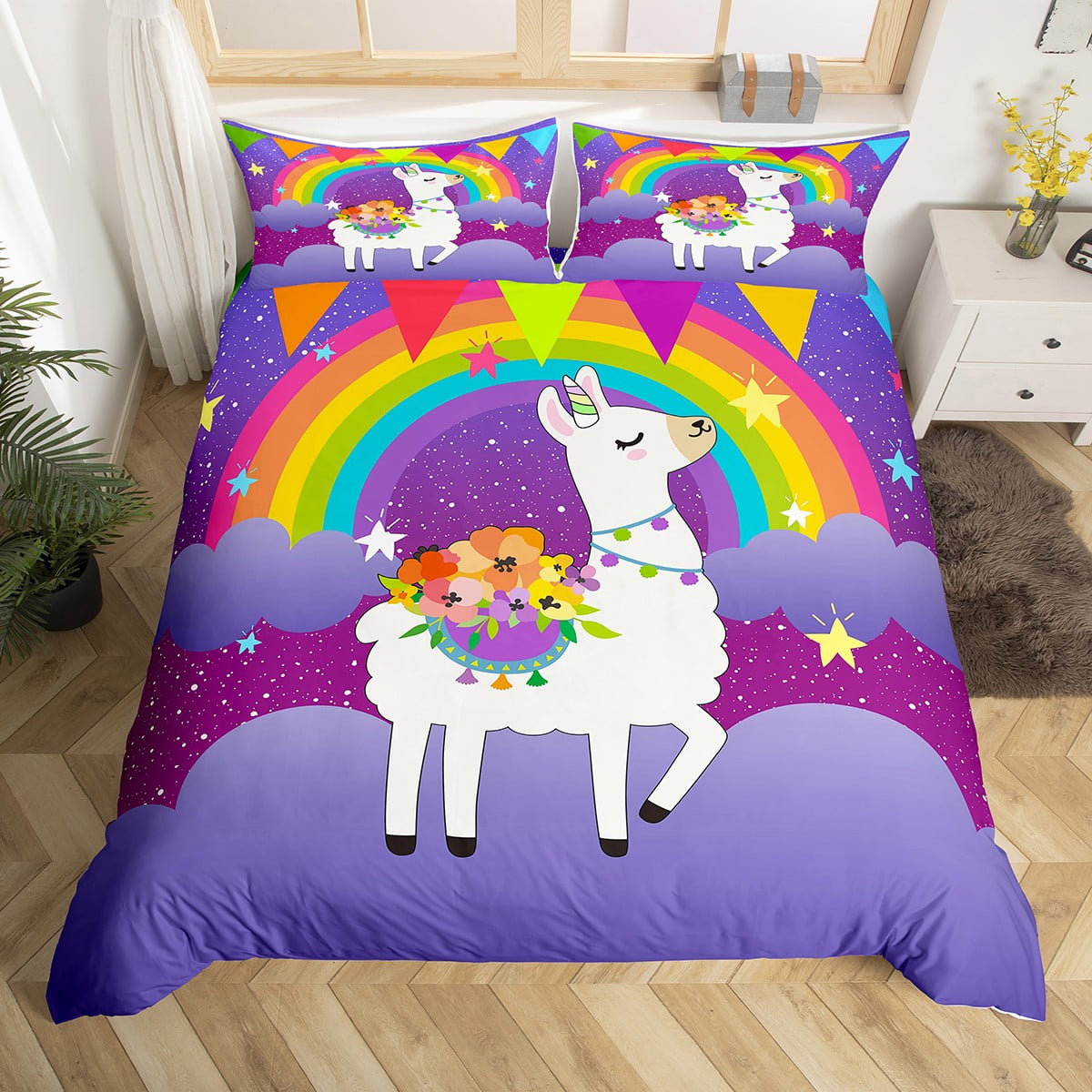 Girls Alpaca Duvet Cover Twin Girls Bedding Set Cute Rainbow Unicorn