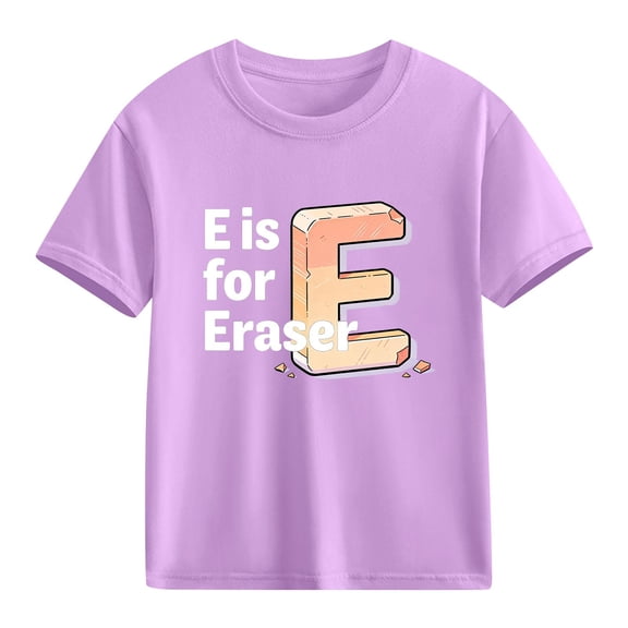 Girls Alphabet T-Shirt "E is for Eraser" Educational Kids Graphic Tee | 100% Cotton Crew Neck Soft Preschool Kids Shirt in Purple,Size 7 T