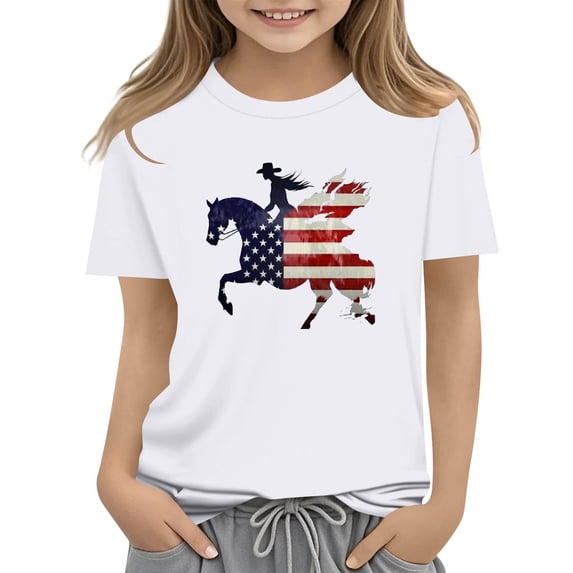 Girls American Flag 4th of July Shirt Patriotic Cowgirl Graphic Tee Kids Independence Day Top White,Size 11-12 T