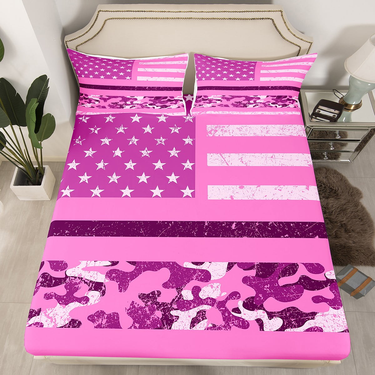 Girls American Flag Bed Set Full for Adult Women Pink Army Camo Bed