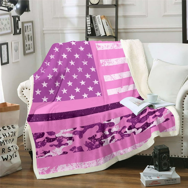 Girls American Flag Fuzzy Blanket Baby for Adult Women Pink Army Camo Throw Blanket Kids Vintage Usa Flag Fleece Blanket for Teens Retro Military