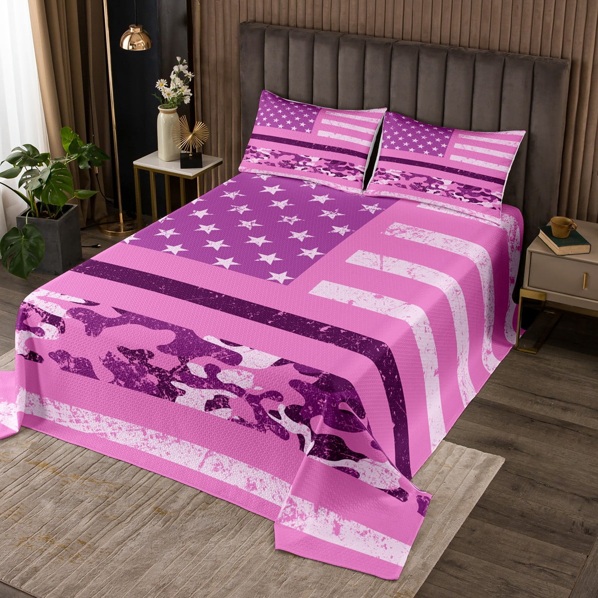 Girls American Flag Quilt Set Twin for Adult Women Pink Army Camo