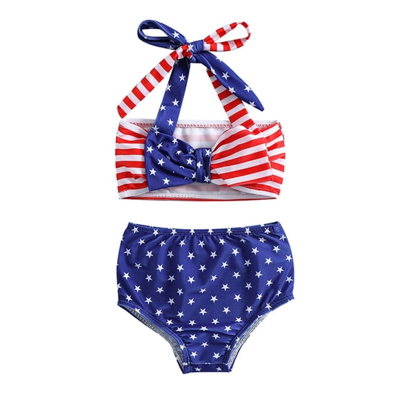Girls American Flag Star Stripe 2 Piece Bikini Swimsuit, Ruffle Hem Spaghetti Strap Kids 4th of July Bathing Suit