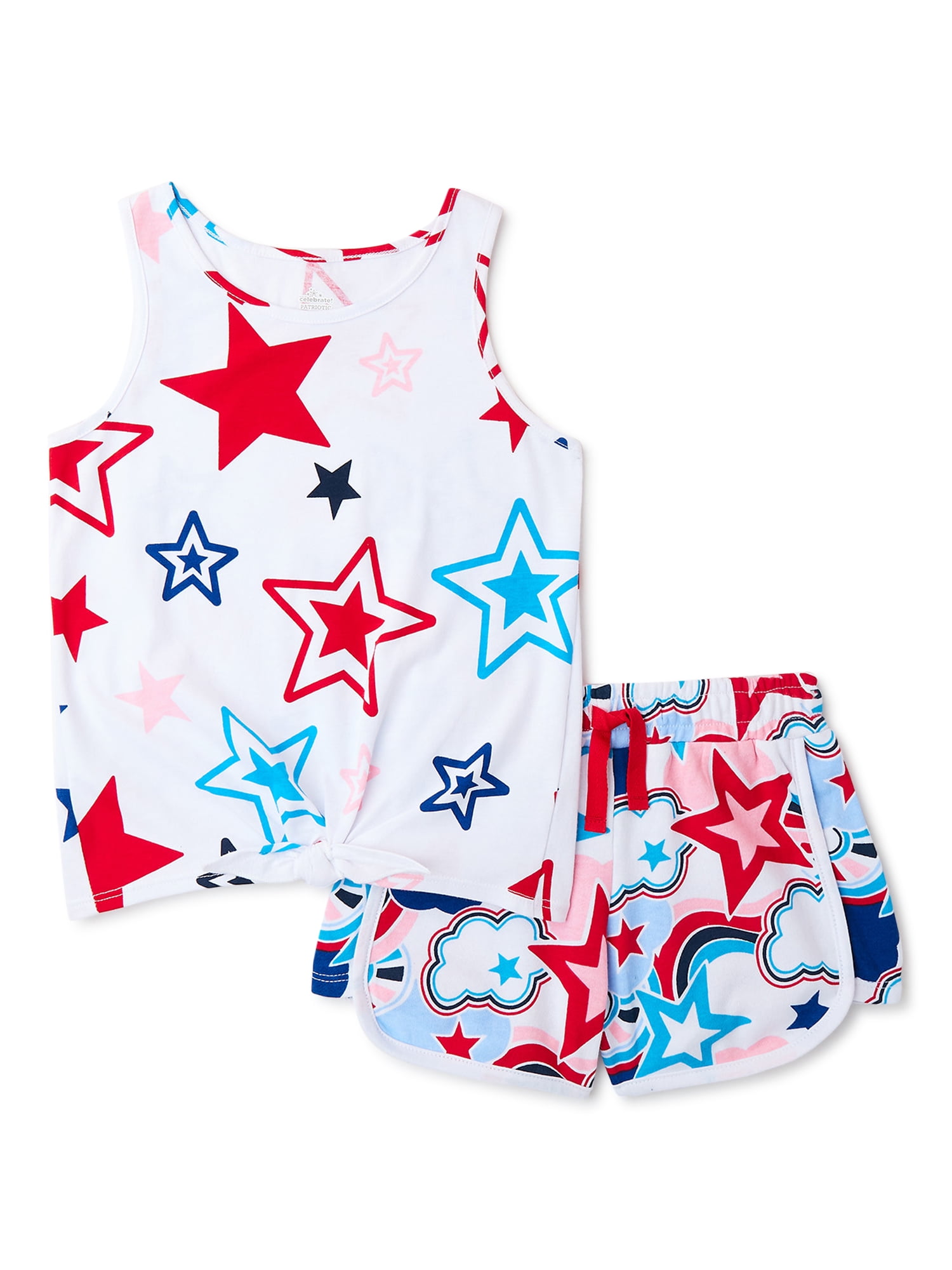 Girls’ Americana Star Print Tank Top and Shorts, 2-Piece Outfit Set ...