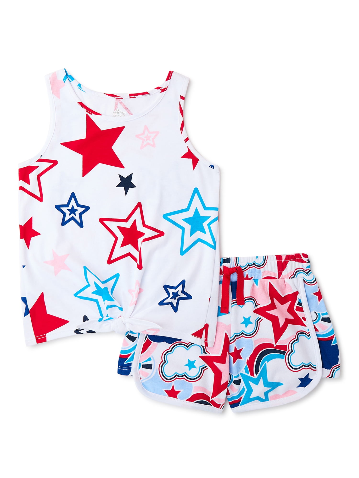 Girls’ Americana Star Print Tank Top and Shorts, 2-Piece Outfit Set, Sizes 4-18