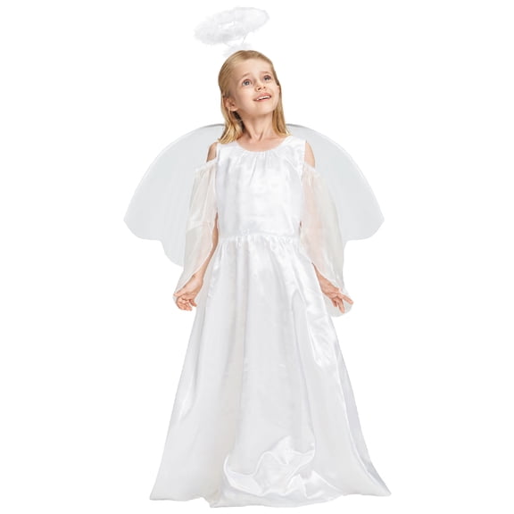 Girls Angel Costume, 3 Pcs Dress Halo Wings White Fancy Dress Up for Nativity Halloween Christmas 7-8 Years