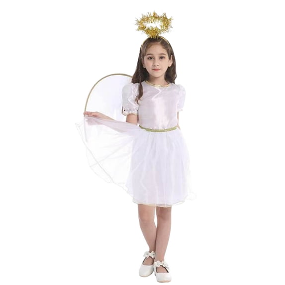 Girls Angel Set, 4Pcs Fancy Dress Includes Wings Headband Waist Tie for Valentine's Day Wedding Princess Party