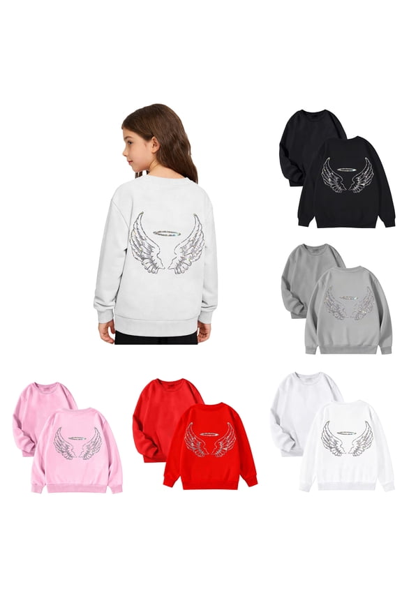 Girls' Angel Wings Hoodie With Halo Print Long Sleeve Crew Neck Pullover Black 3 Y-4 Y