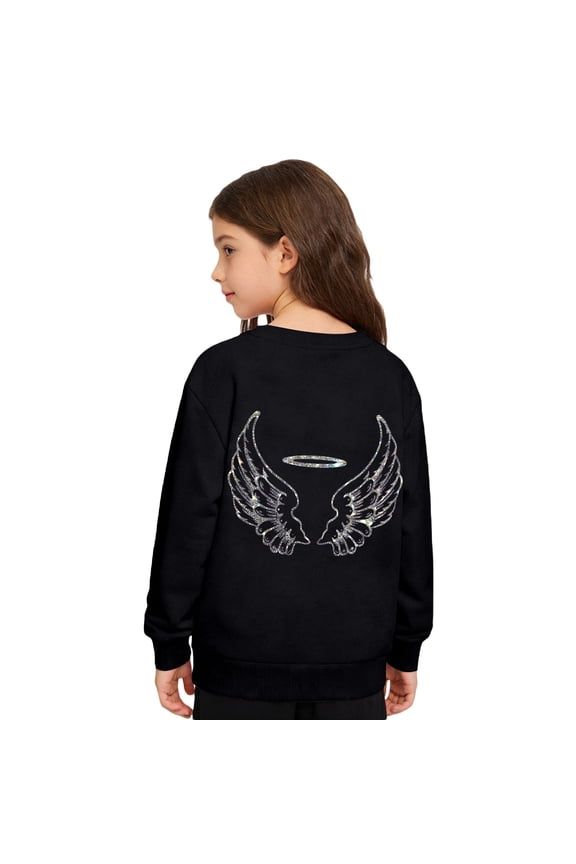 Girls' Angel Wings Hoodie With Halo Print Long Sleeve Crew Neck Pullover Black 4 Y-5 Y