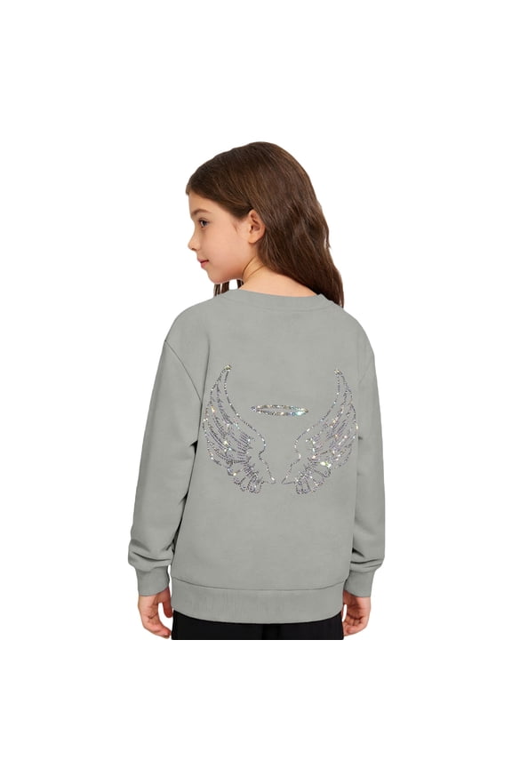 Girls' Angel Wings Hoodie With Halo Print Long Sleeve Crew Neck Pullover Grey 8 Y-9 Y