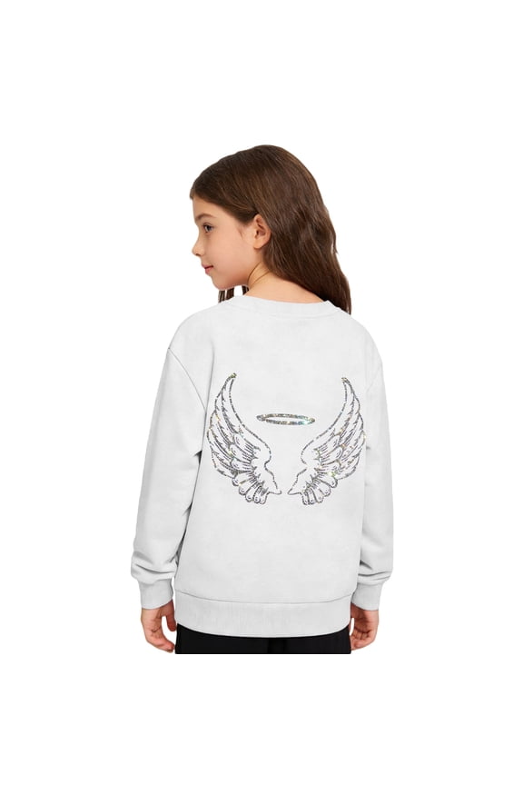 Girls' Angel Wings Hoodie With Halo Print Long Sleeve Crew Neck Pullover White 9 Y-10 Y