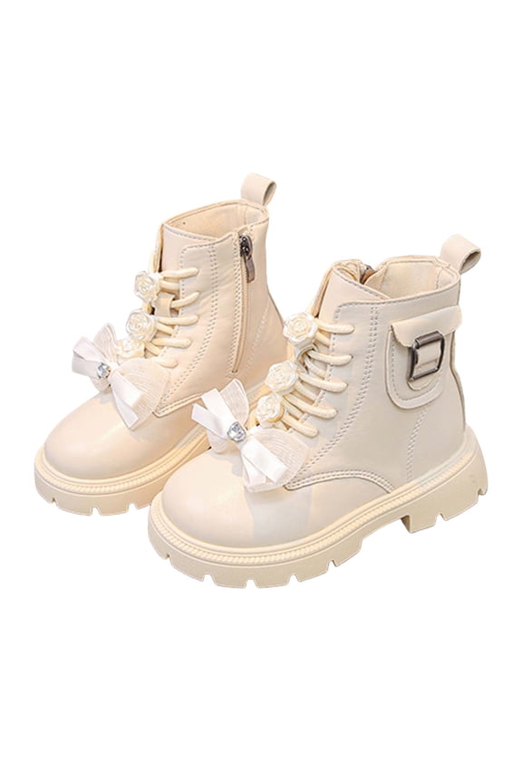 Girls Ankle Boots Elegant Dress Pearl Strappy Sweet Bow Long Riding Booties Lug Sole Side Zipper Tall Fall Boots Beige 3.5 Big Kids