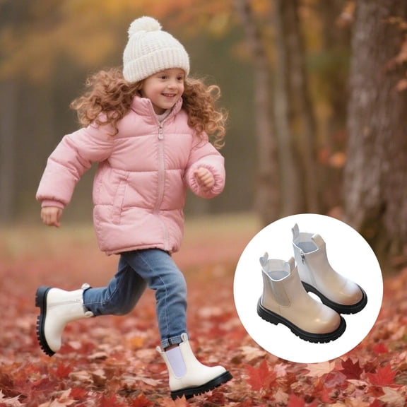 Girls Ankle Boots Fall Winter Combat Boots Non- Short Booties Side Zipper (Beige 6-7 Years)