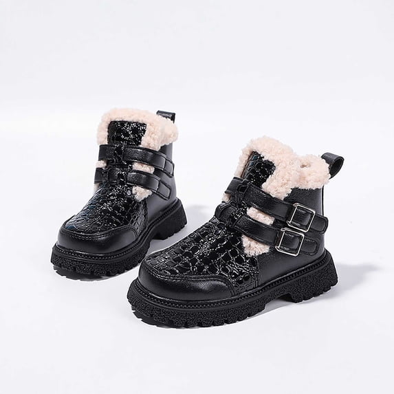 Girls Ankle Boots Fleece Lined Buckle Straps PU Booties Kids Winter Warm Comfy Round Toe Soft Sole Boots Black 9.5 Little Kids