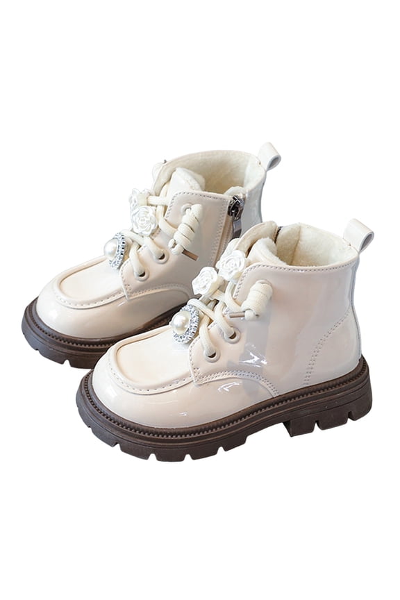 Girls Ankle Boots Glitter Pearl Lace up Combat Booties Fashion Lug Sole Fall Winter Elegant Princess Dress Boots White 2 Big Kids