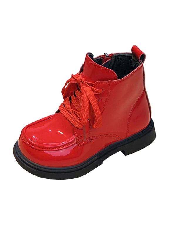 Girls Ankle Boots Kids Combat Boots Glossy Patent Bootie Lace Up Side Zipper Water Resistant Easy Clean for Fall Winter Daily Party Wear